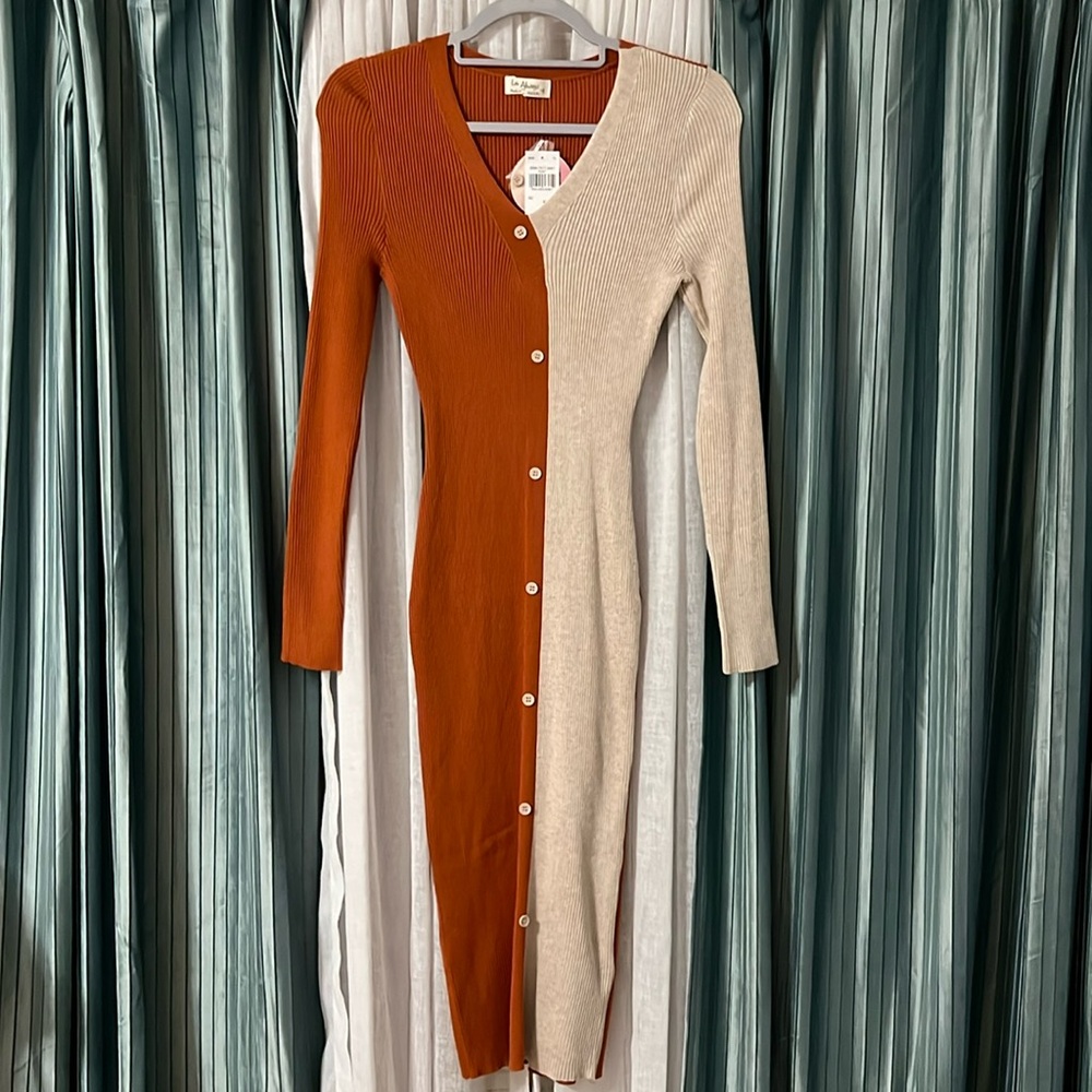 Color Blocked Faux Button Down Sweater Dress